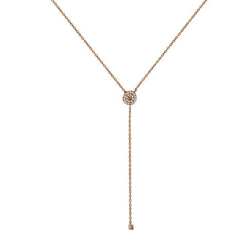 
Elegant rose gold plated lariat necklace featuring a small pavé disk with white CZ stones

