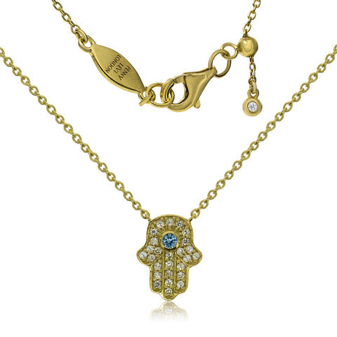 
Gold-plated silver Hamsa necklace with crystals and blue stone, adjustable chain with slide sizer and lobster claw clasp.

