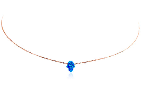 
Rose gold plated silver chain necklace with blue Opal Hamsa pendant.

