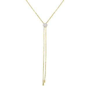 
Gold plated on silver chain lariat necklace with silver pave slider.

