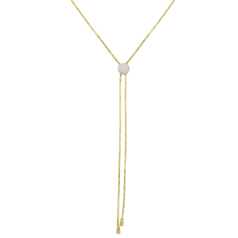 
Gold plated on silver chain lariat necklace with silver pave slider.

