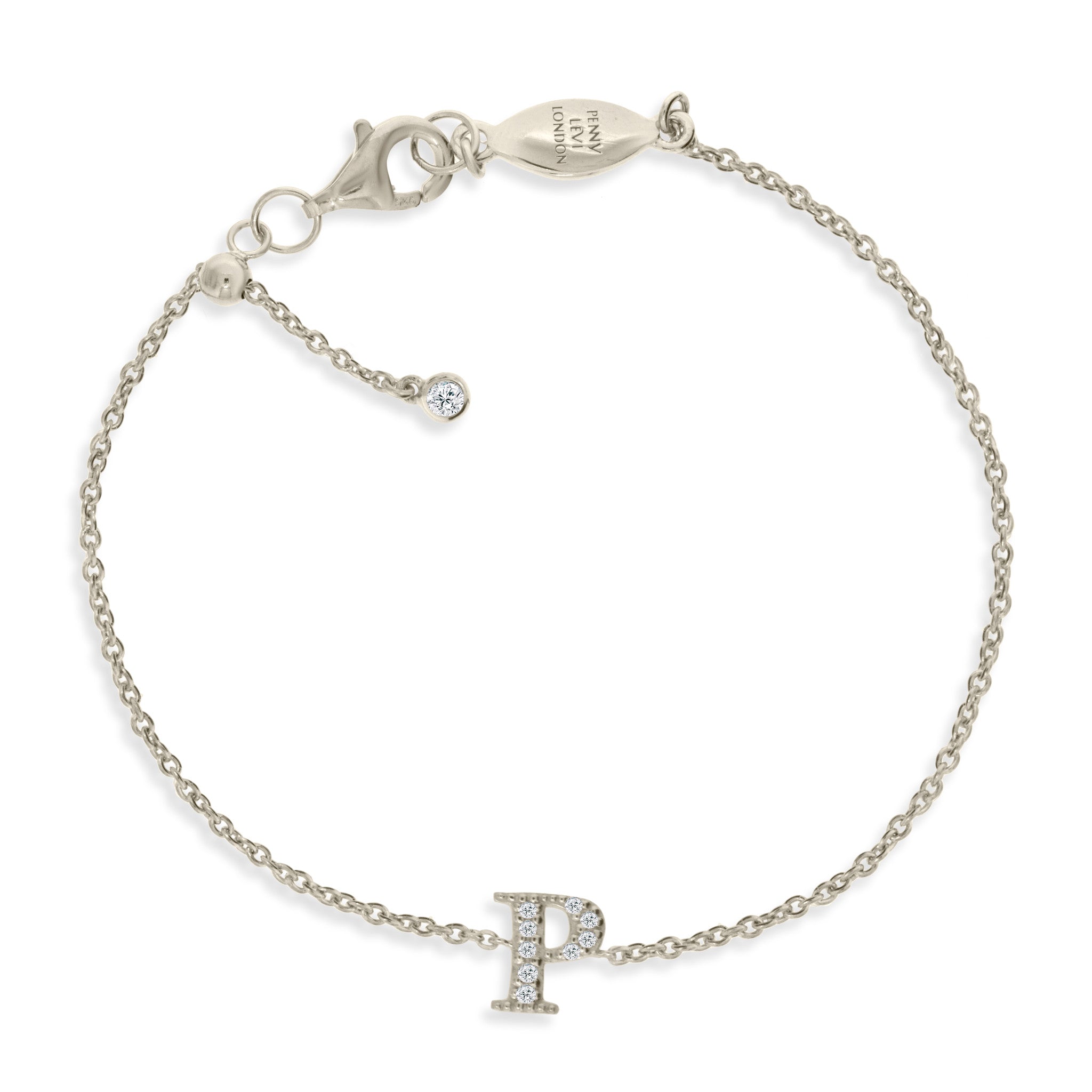 
Sterling silver chain initial bracelet with CZ 'P' charm and sliding size adapter.

