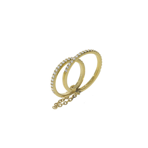 

Gold plated on silver dual pave band finger ring connected by a delicate chain.

