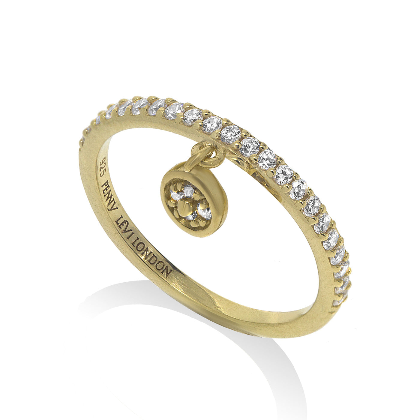 
Gold plated on silver single band pave ring with small hanging disk.

