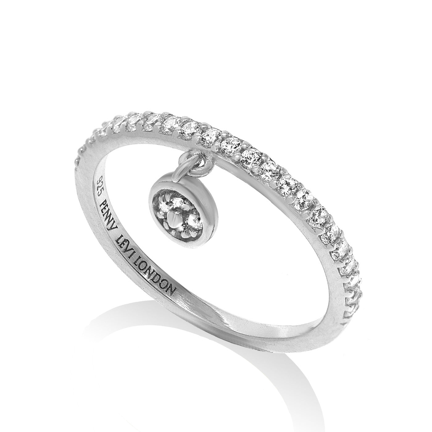 
Sterling silver single band pave ring with small hanging disk charm