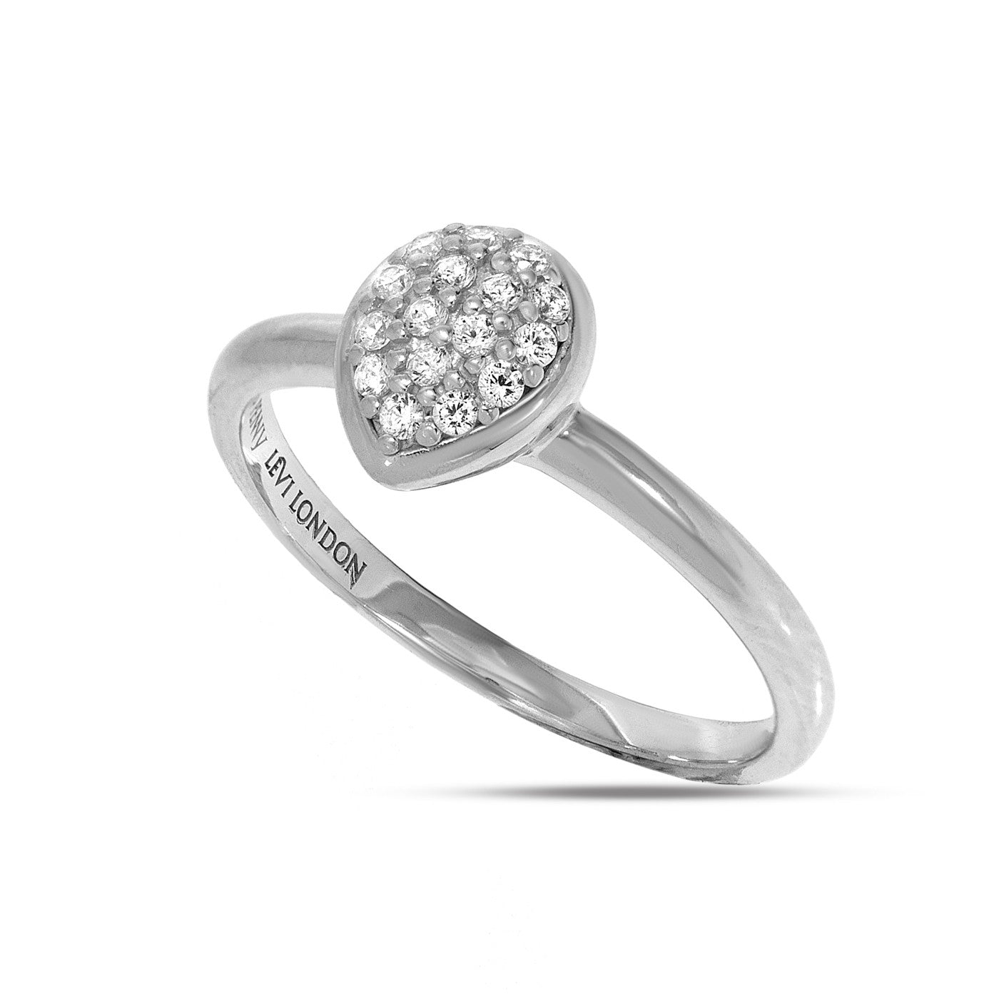 
Sterling silver ring with a domed heart-shaped top encrusted with Cubic Zirconia stones.

