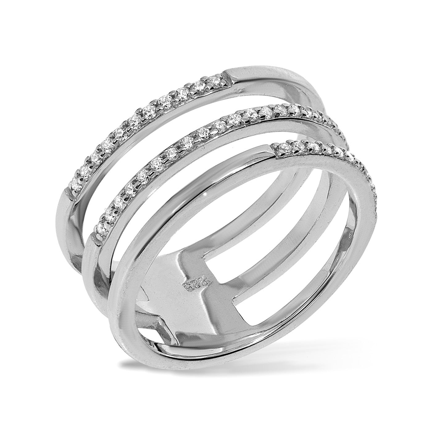 
A stylish sterling silver ring featuring three joined bands, two with sparkling pave-set stones.

