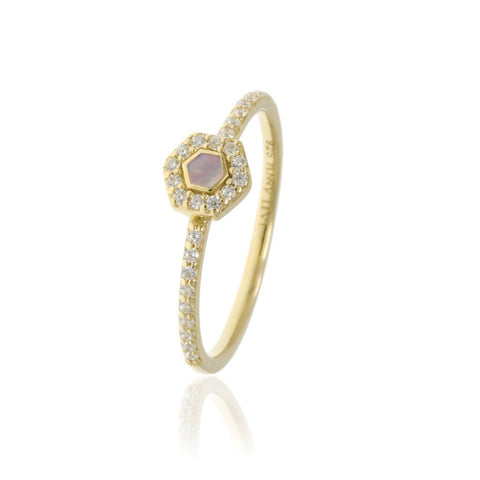 
Gold-plated silver ring with pink centre stone and hexagonal design surrounded by clear stones.

