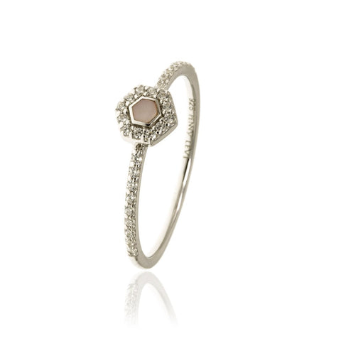 
Elegantly crafted sterling silver pavé ring with a pink hexagonal centre stone

