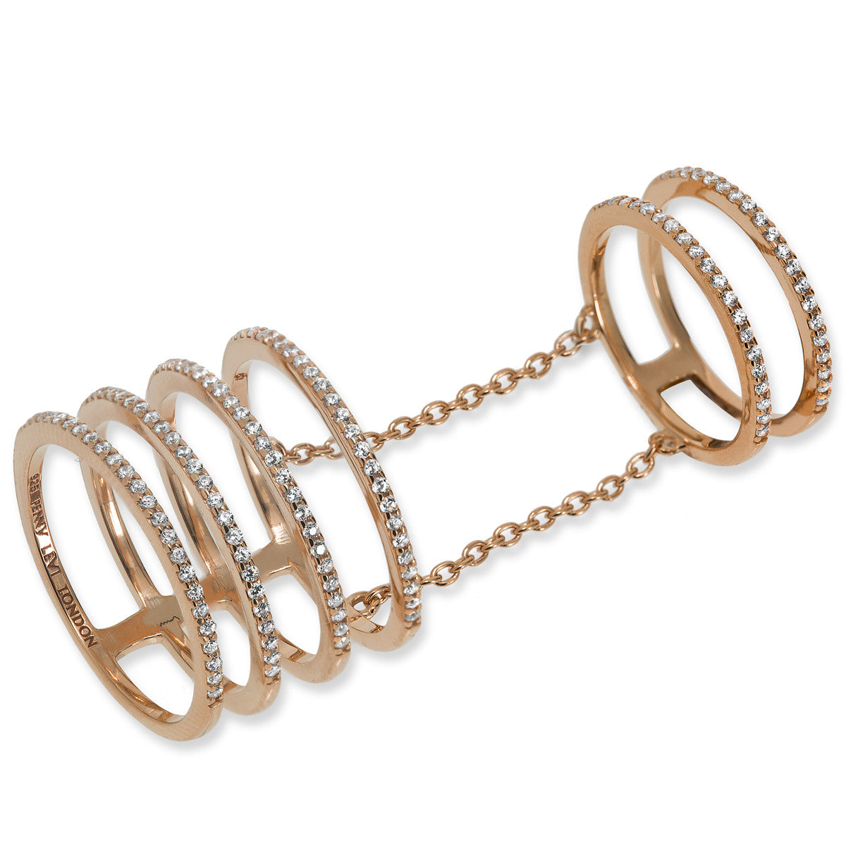 
Elegant rose gold plated on silver four band half pave ring with chain-attached finger rings.

