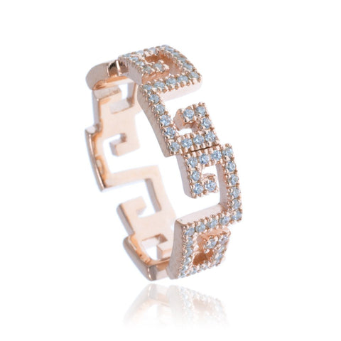 
Rose gold micron plated pave ring with a geometric design and cubic zirconia stones

