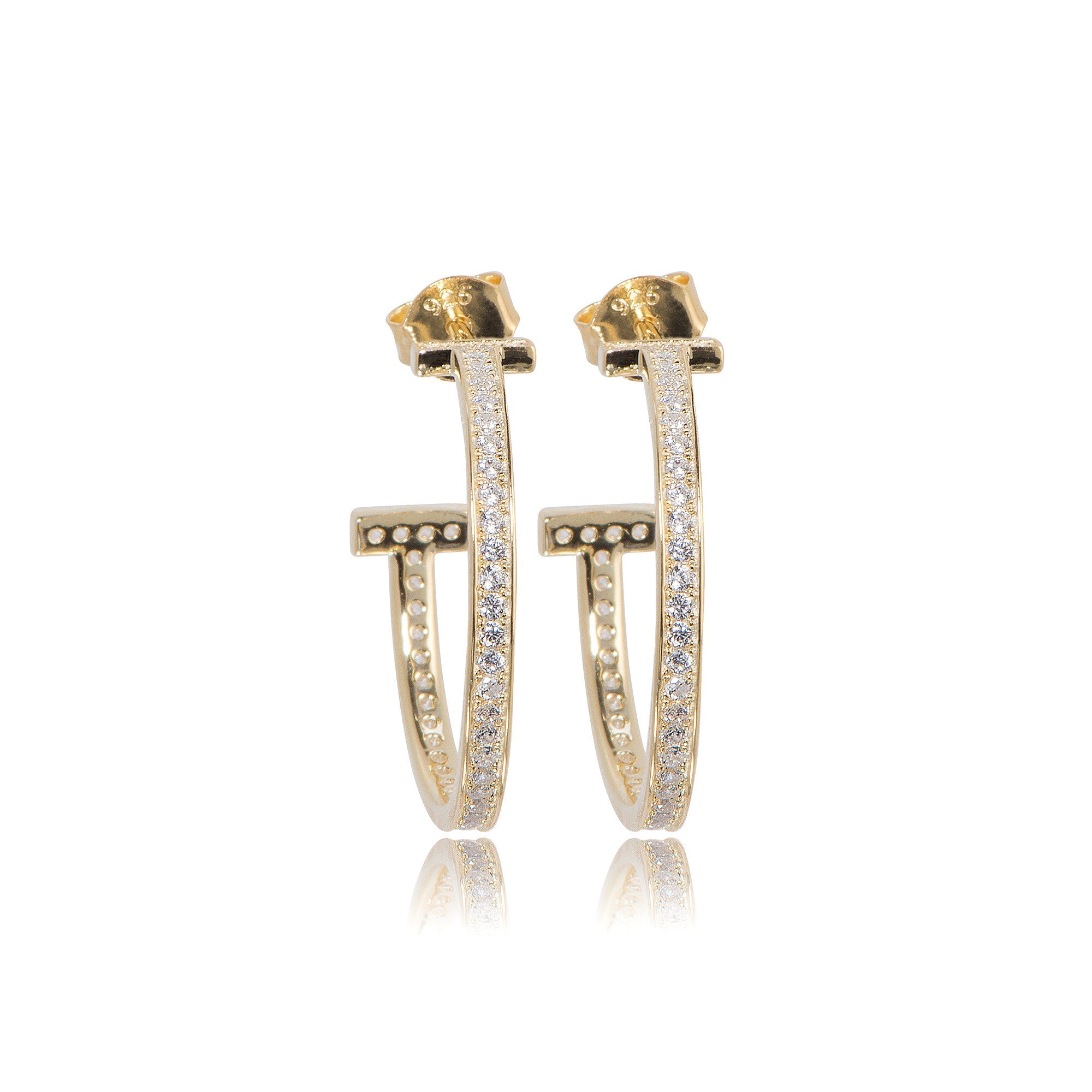 
Gold Plated on Silver 'T' Earrings with Cubic Zirconia, 2 cm diameter

