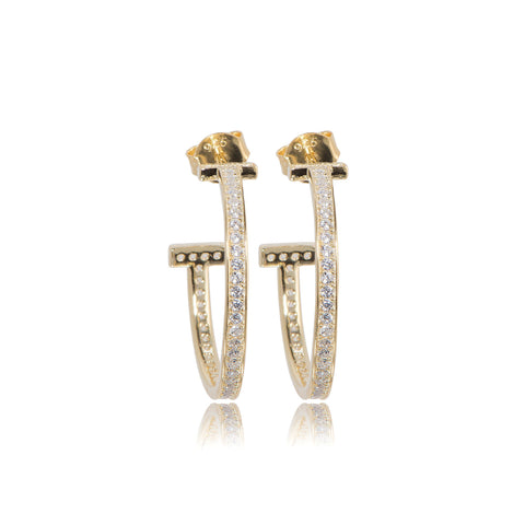 
Gold Plated on Silver 'T' Earrings with Cubic Zirconia, 2 cm diameter

