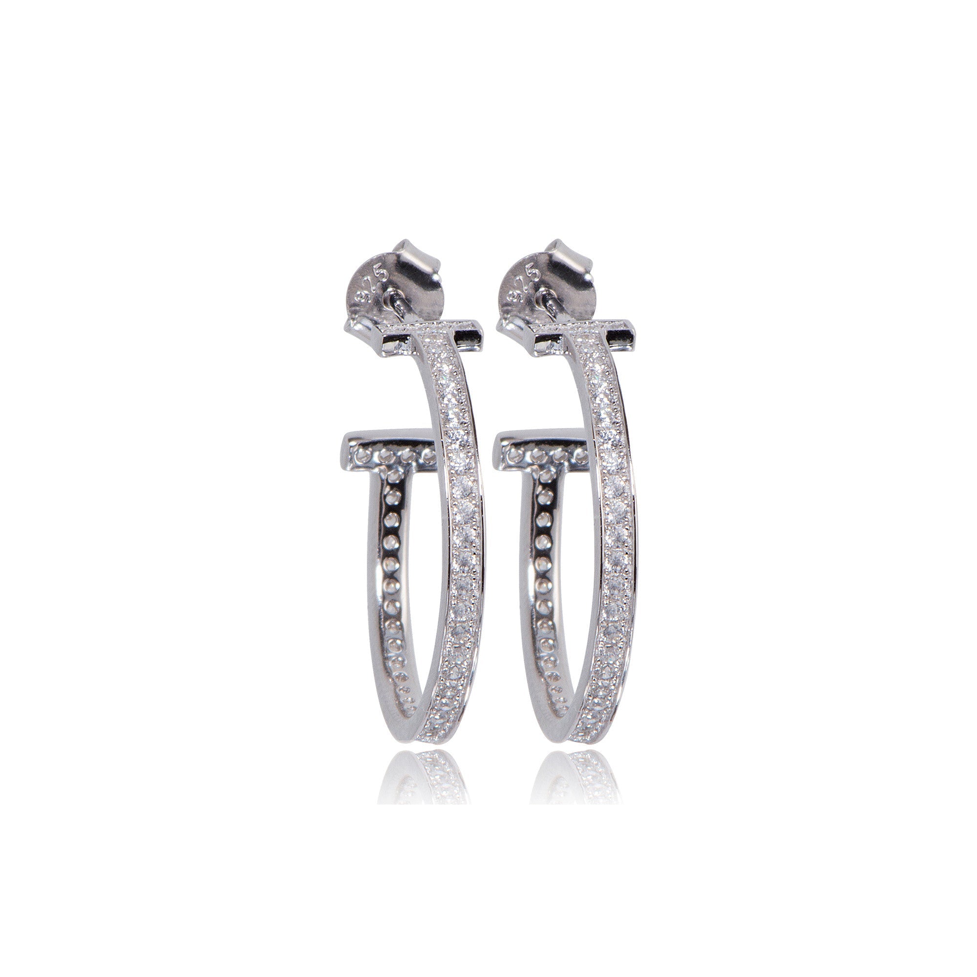 
Sterling Silver 'T' Hoop Earrings with Cubic Zirconia gemstones, 2 cm diameter.

