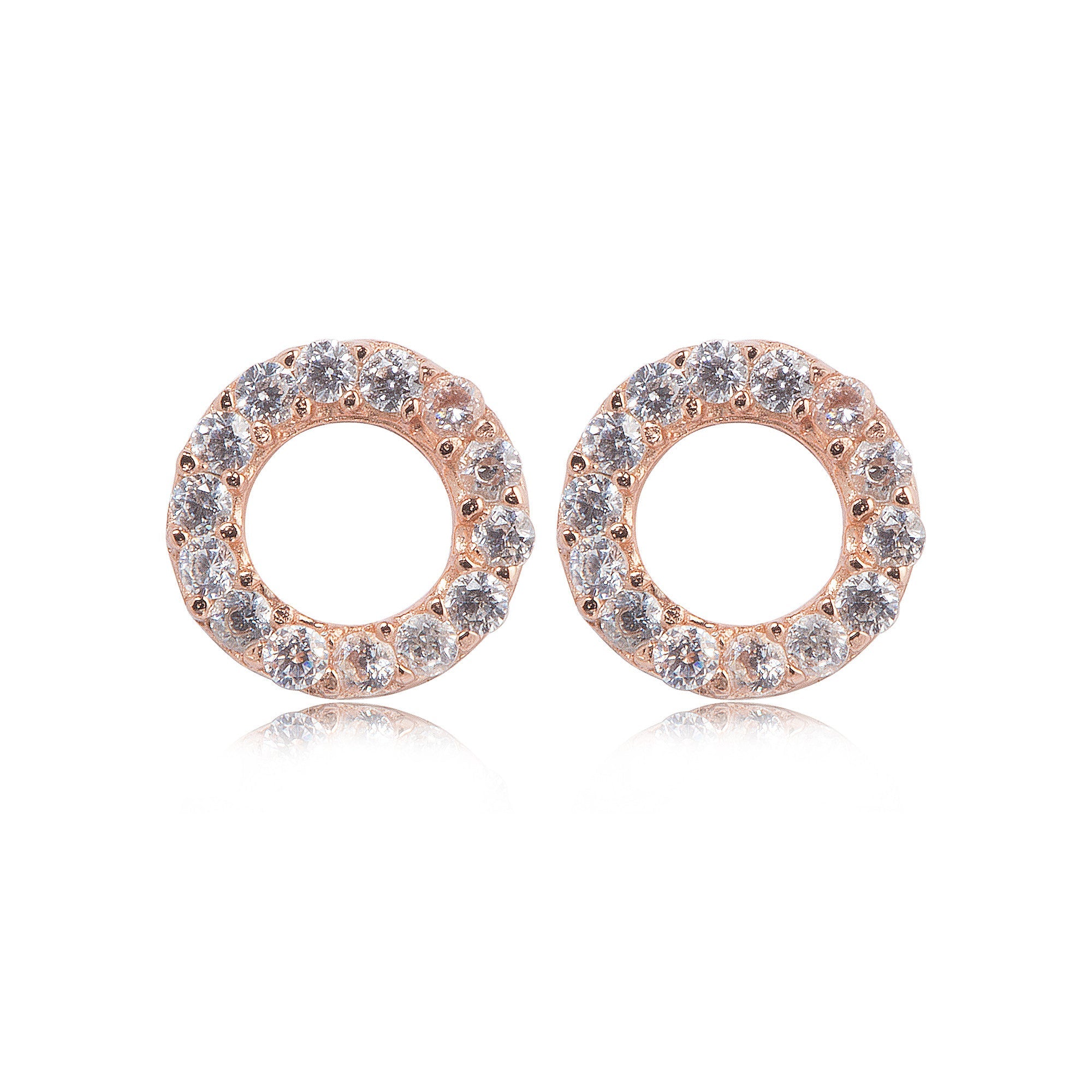 
Pair of rose gold plated circular stud earrings encrusted with Cubic Zirconia stones, diameter 8 mm.

