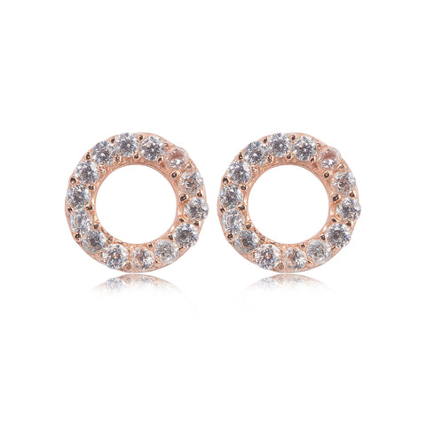 
Pair of rose gold plated circular stud earrings encrusted with Cubic Zirconia stones, diameter 8 mm.

