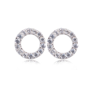 
Sterling silver small circular open stud earrings set with cubic zirconia stones.

