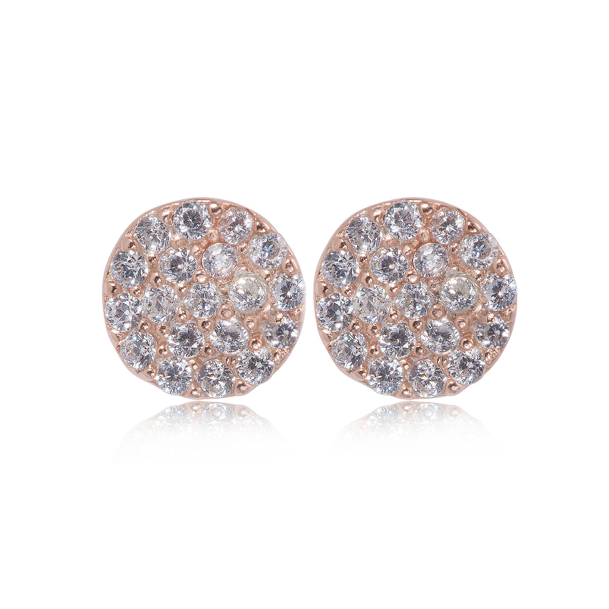 Rose gold plated on silver small pavé disc earrings with sparkling stones, diameter 7 mm.

