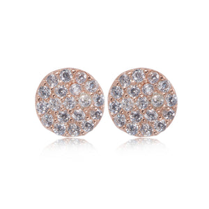 Rose gold plated on silver small pavé disc earrings with sparkling stones, diameter 7 mm.

