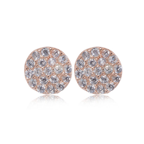 Rose gold plated on silver small pavé disc earrings with sparkling stones, diameter 7 mm.

