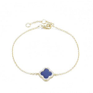 
Gold-plated sterling silver bracelet with a blue Lapis Clover Charm on a delicate adjustable chain.

