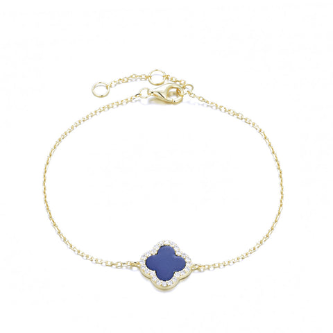 
Gold-plated sterling silver bracelet with a blue Lapis Clover Charm on a delicate adjustable chain.

