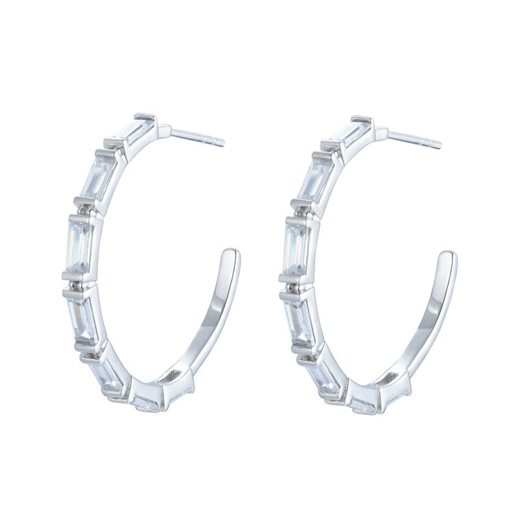 

Sterling silver open hoop earrings with baguette-style cubic zirconia (CZ), approximately 3.50 cm in diameter.

