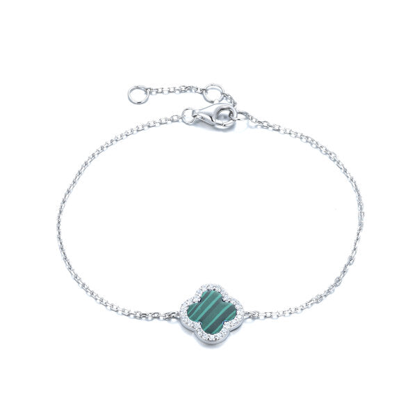 
Sterling Silver bracelet with a central green lapis clover charm accompanied by a lobster clasp.

