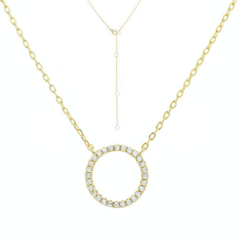 

Gold plated on silver hollow CZ pave pendant necklace with adjustable chain.

