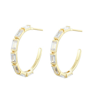 
Gold plated open hoop earrings with baguette style cubic zirconia stones, 3.50 cm diameter

