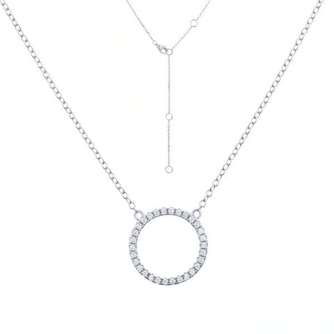 
Elegant sterling silver hollow CZ pave pendant necklace with circle pendant and adjustable chain.

